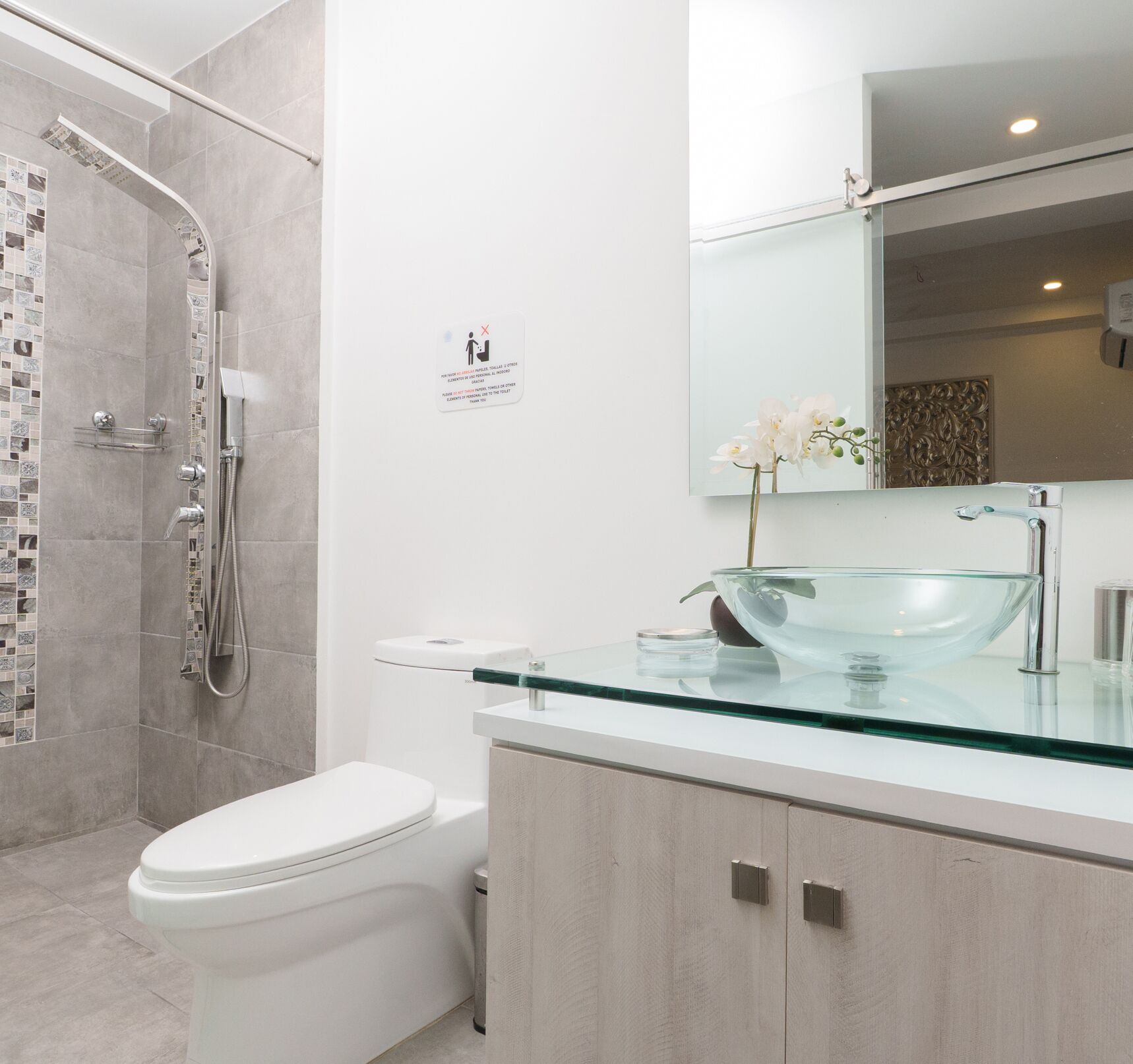 Shower, rainfall showerhead, towels, soap