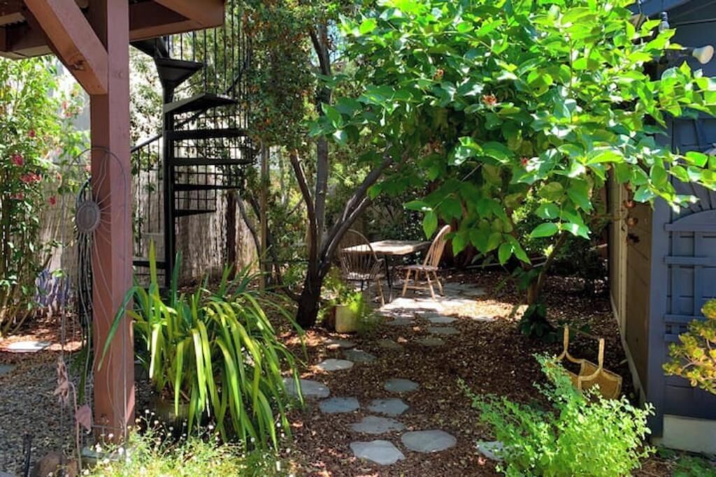 A garden with a stone pathway, wooden chairs, and a pergola structure.