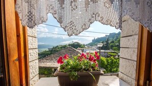 A window with a view of a balcony, a potted plant with pink flowers, and a lace curtain. - Bed and Breakfast Kotoni (Gjirokastër)