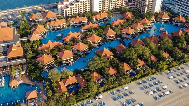 Oversigtsbillede af et resort med flere swimmingpools, strandområder og en stor hotelbygning.