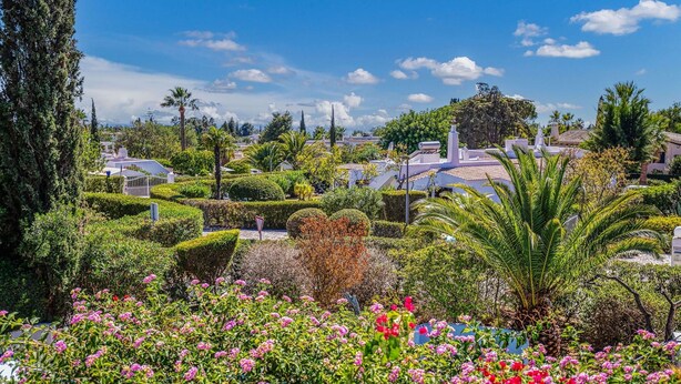 Un jardin bien entretenu, avec une variété de plantes et de fleurs, des haies soigneusement taillées et un ciel d’un bleu limpide.