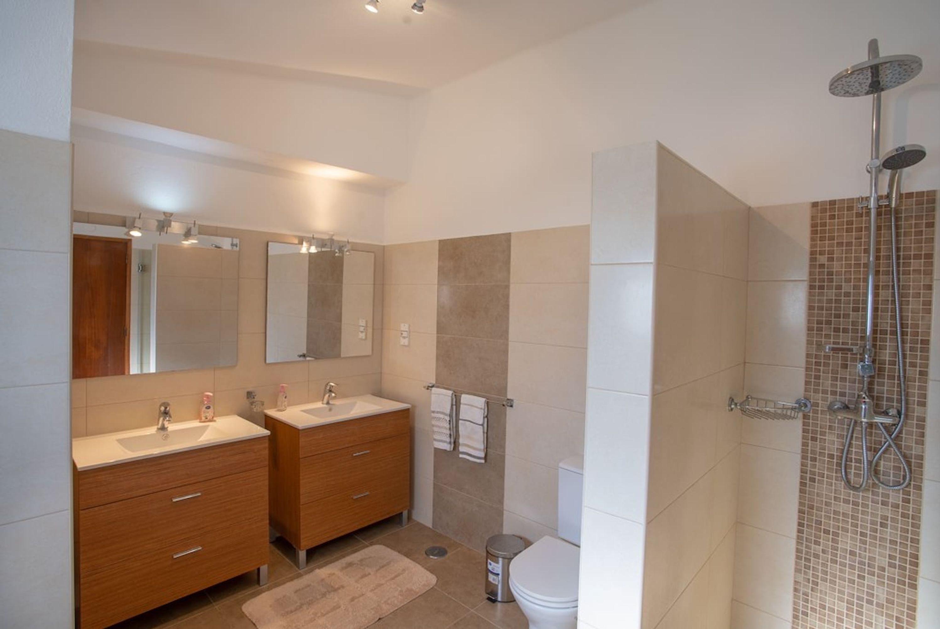 A modern bathroom with two sinks, a toilet, and a shower area.