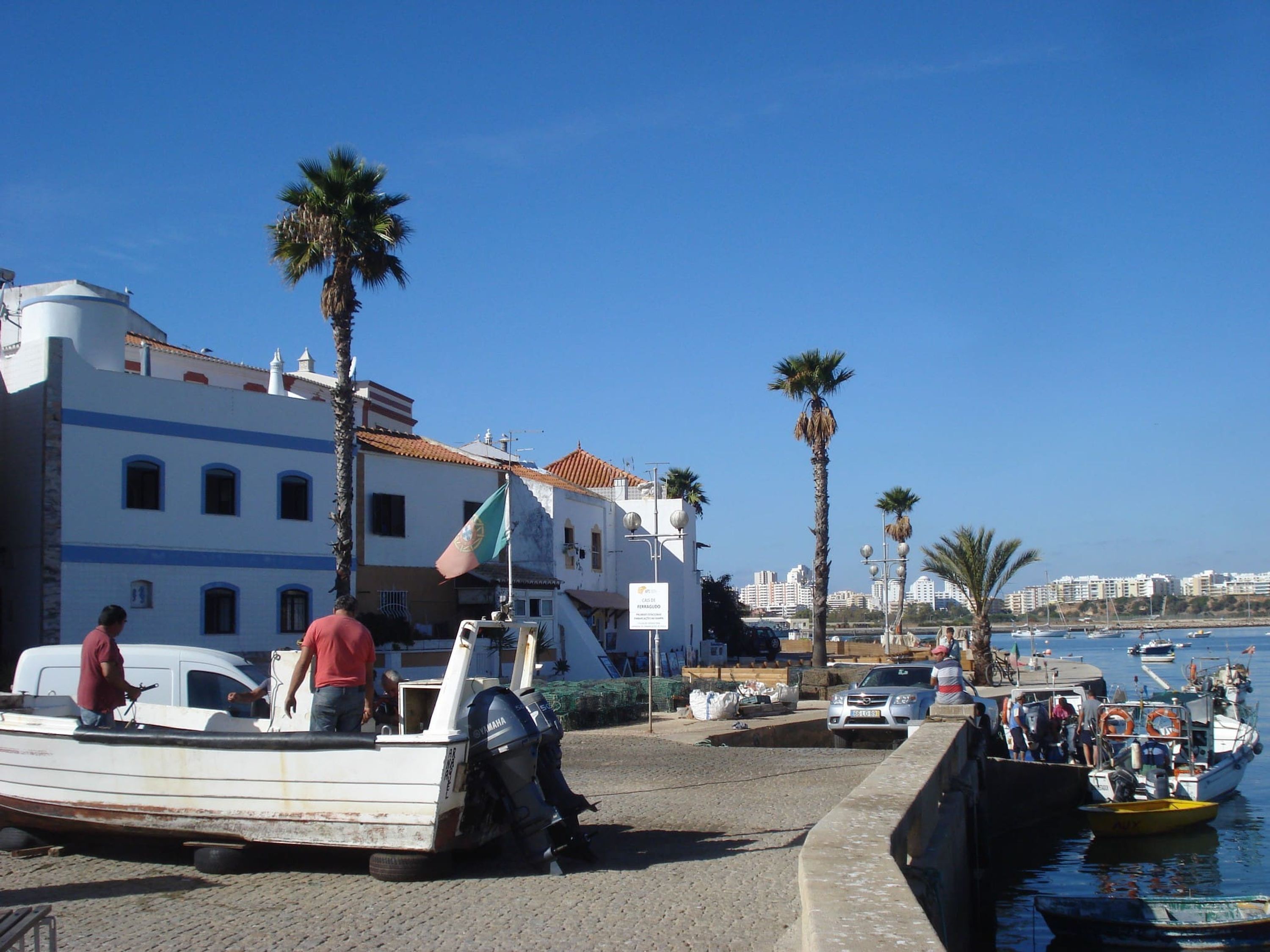 A coastal town with a marina, boats, and palm trees.