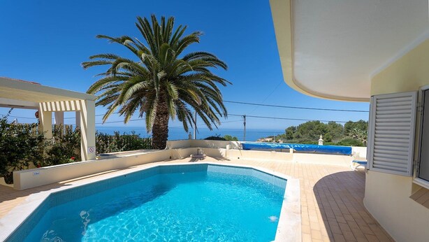 A swimming pool with a palm tree and a view of the sea. - Silver Beautiful 4 Bedroom Vila Just Steps TO TH (Lagoa)