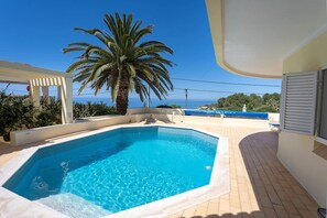 Une piscine avec un palmier et vue sur la mer.