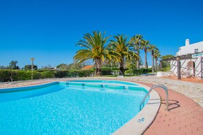Una piscina con agua cristalina azul, rodeada de palmeras y un camino de ladrillo.