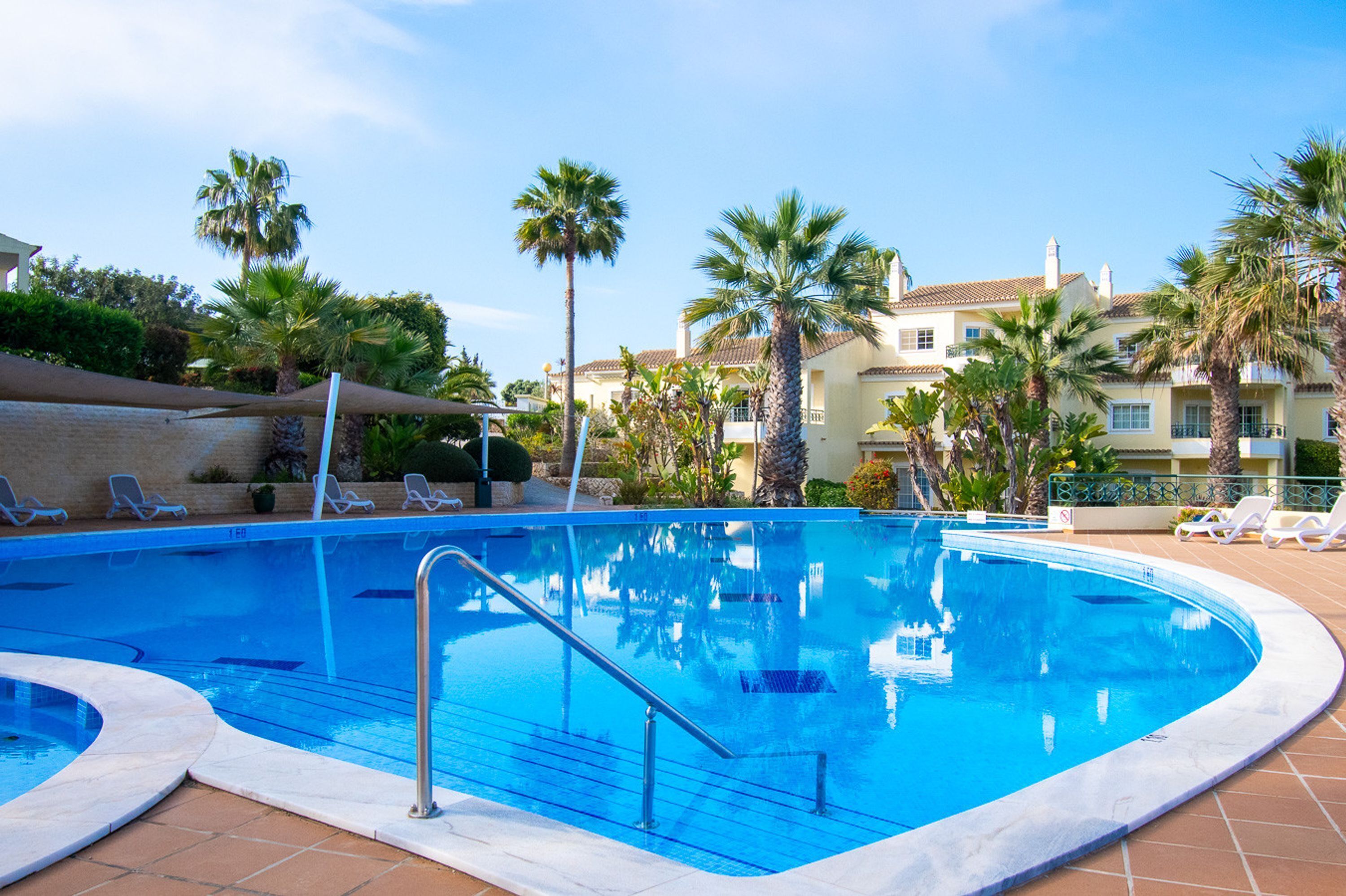 Ein Pool mit geschwungener Kante, umgeben von Palmen und Liegestühlen.