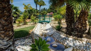 A garden pathway with a stone-lined water feature, palm trees, and a green bridge. - 7 Boa Nova Immaculately Presented TWO Storey TOW (Lagoa)