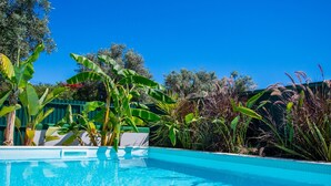 Une piscine d’eau cristalline, entourée d’une végétation luxuriante et bordée d’un mur de pierre.