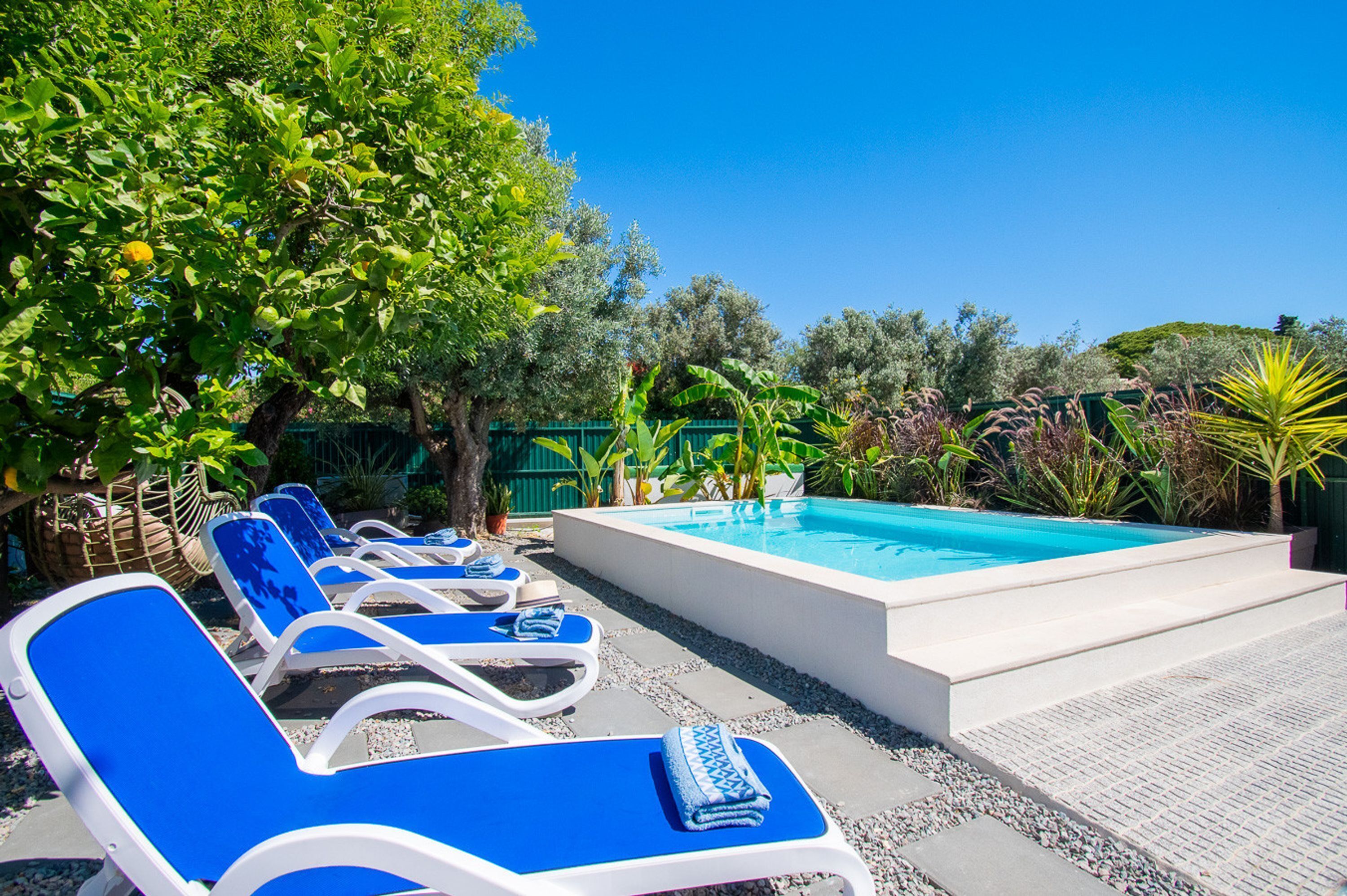 A poolside area with blue lounge chairs and a rectangular pool.