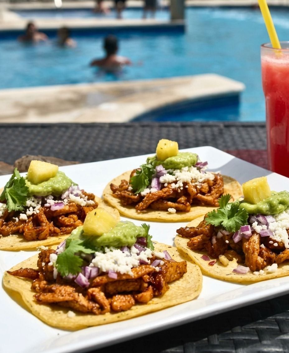 Una mesa con tres tacos y una bebida, con una piscina y gente de fondo.