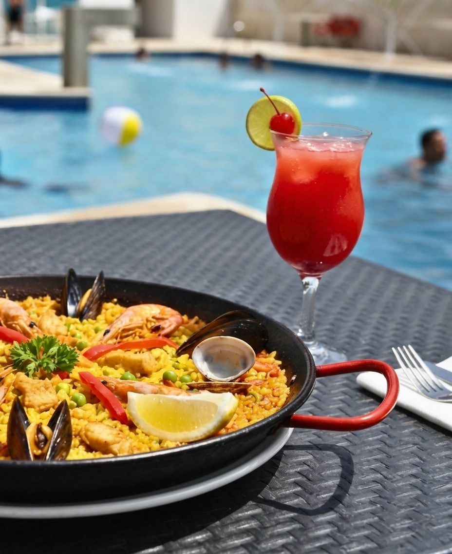 A seafood paella with mussels and shrimp, a glass of red drink with a cherry, and a pool in the background.