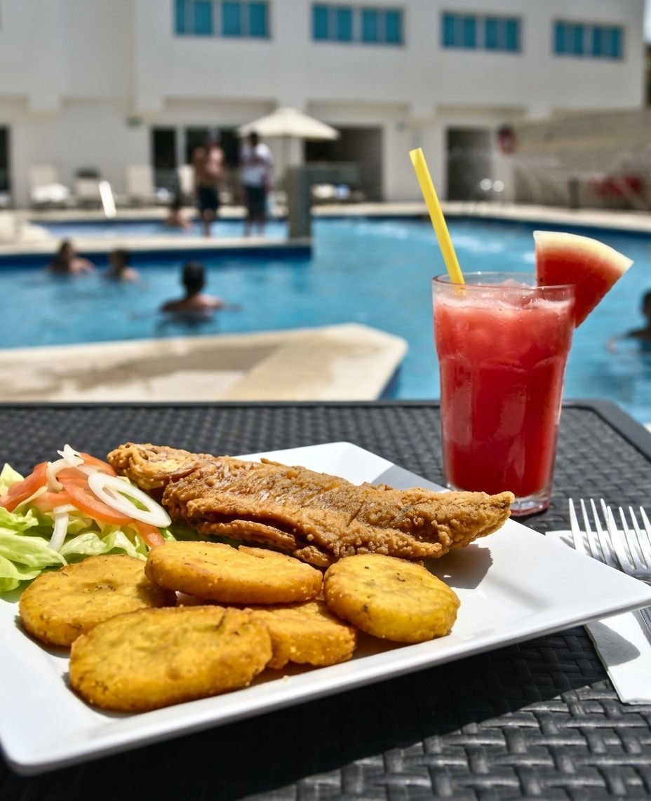 A meal with fried fish, plantains, and a red drink with a straw, set against a poolside view.