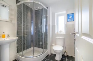 Shower, towels, toilet paper