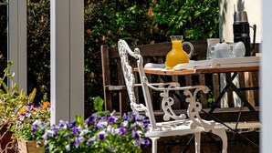 A patio with a table and chairs, surrounded by potted plants and a wooden bench. - Apartment in the middle of a wine paradise (Rhodt unter Rietburg)