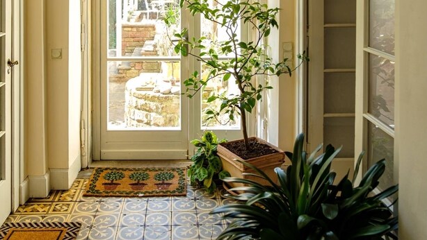 A hallway with a tiled floor, a potted plant, and a door leading to an outdoor area. - Apartment in the middle of a wine paradise (Rhodt unter Rietburg)