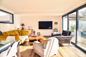 Télévision, cheminée, chaîne hi-fi