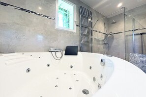 Hair dryer, bidet, towels, soap