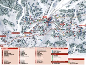 A detailed map of a ski resort with marked locations for residences, agencies, hotels, and a tourism residence.