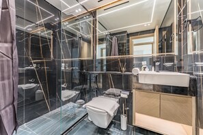 Douche, séchoir à cheveux, serviettes fournies, savon