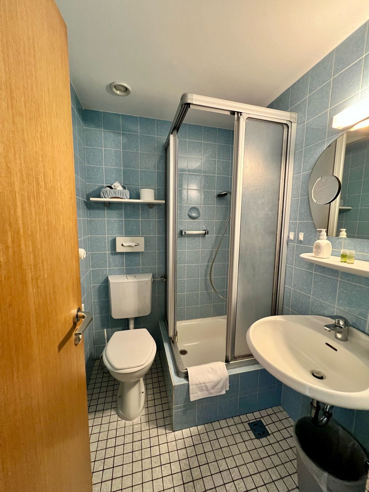 A bathroom with a toilet, a shower enclosure, a sink, and a mirror.