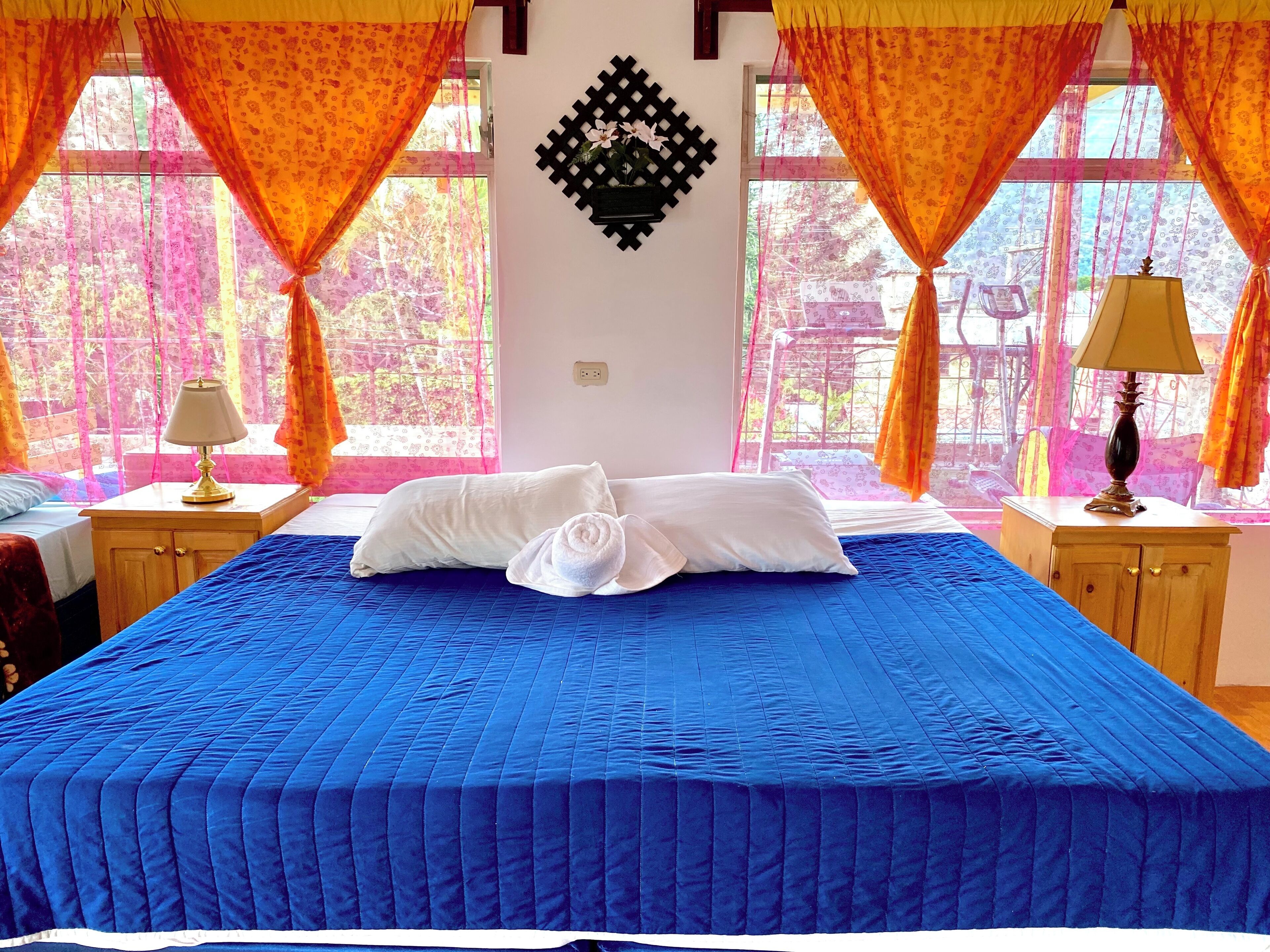 A hotel room with a large bed, two bedside tables, a wall-mounted decorative item, and large windows with curtains.
