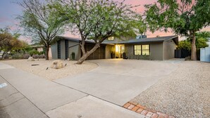A modern house with a driveway, a tree, and a well-maintained lawn.