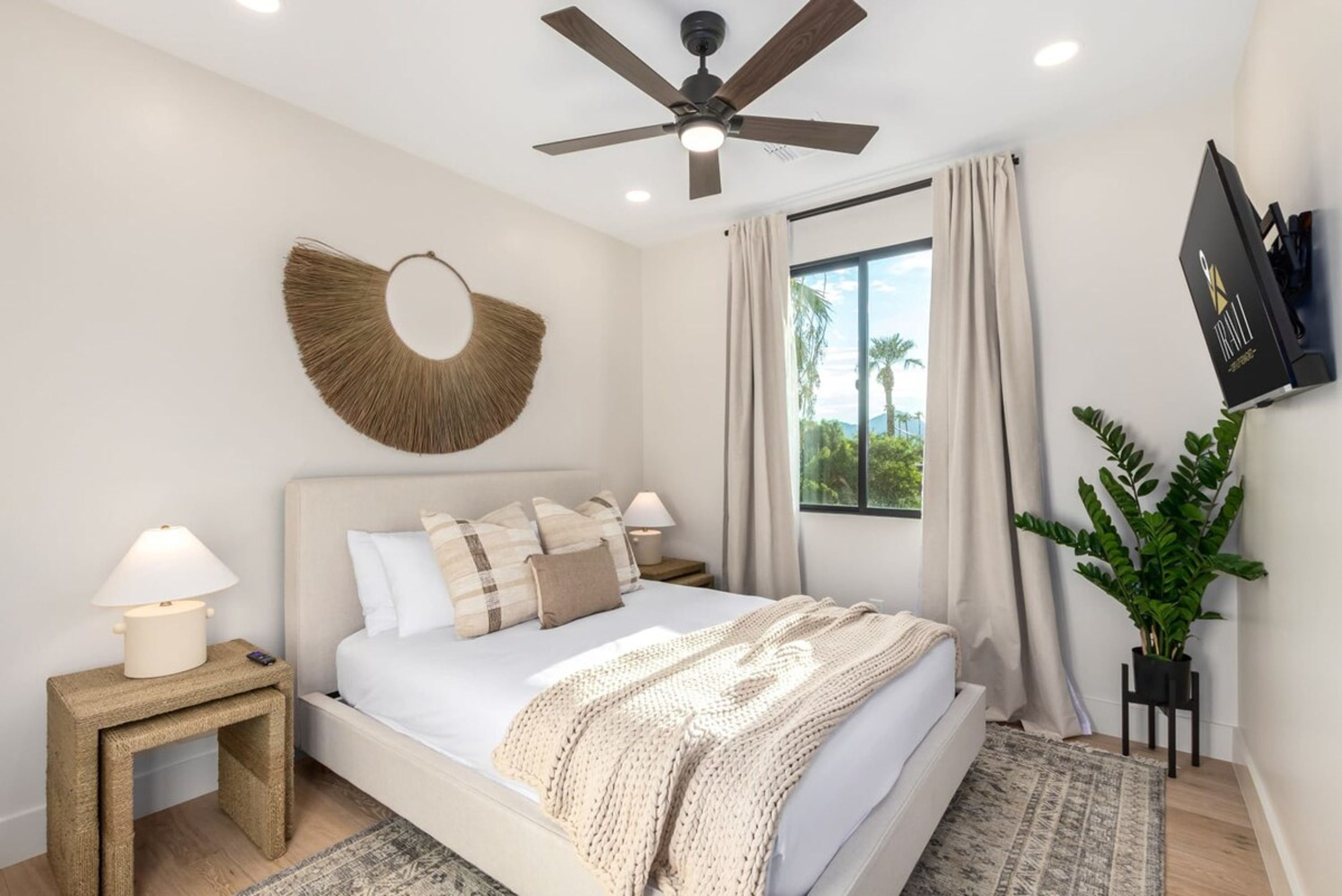 A bedroom with a bed, a ceiling fan, a wall-mounted TV, a window with curtains, and a plant.