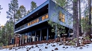 Una cabaña moderna de dos pisos con fachada metálica, rodeada de árboles y nieve.
