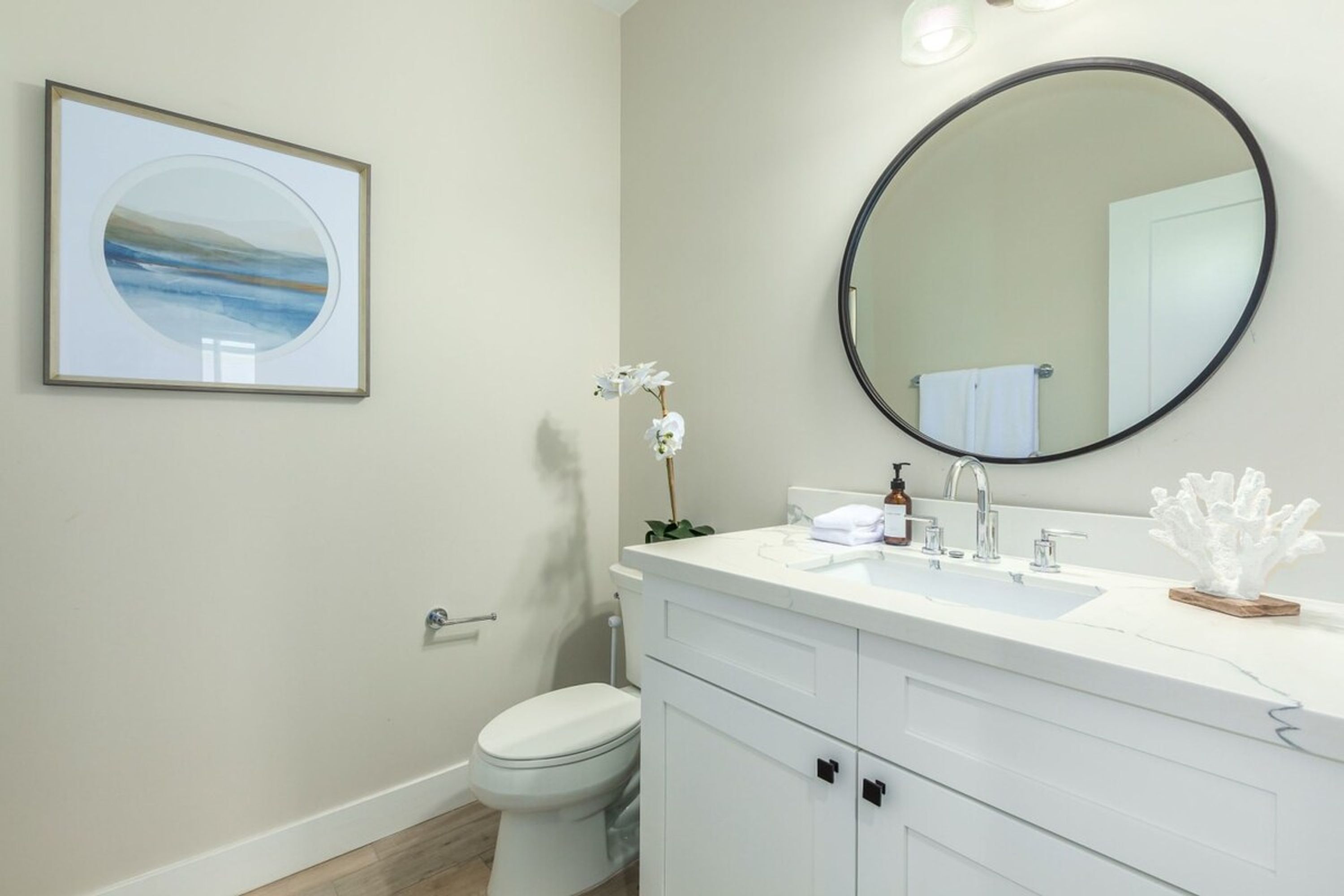A bathroom with a white sink, a round mirror, and a framed picture on the wall.