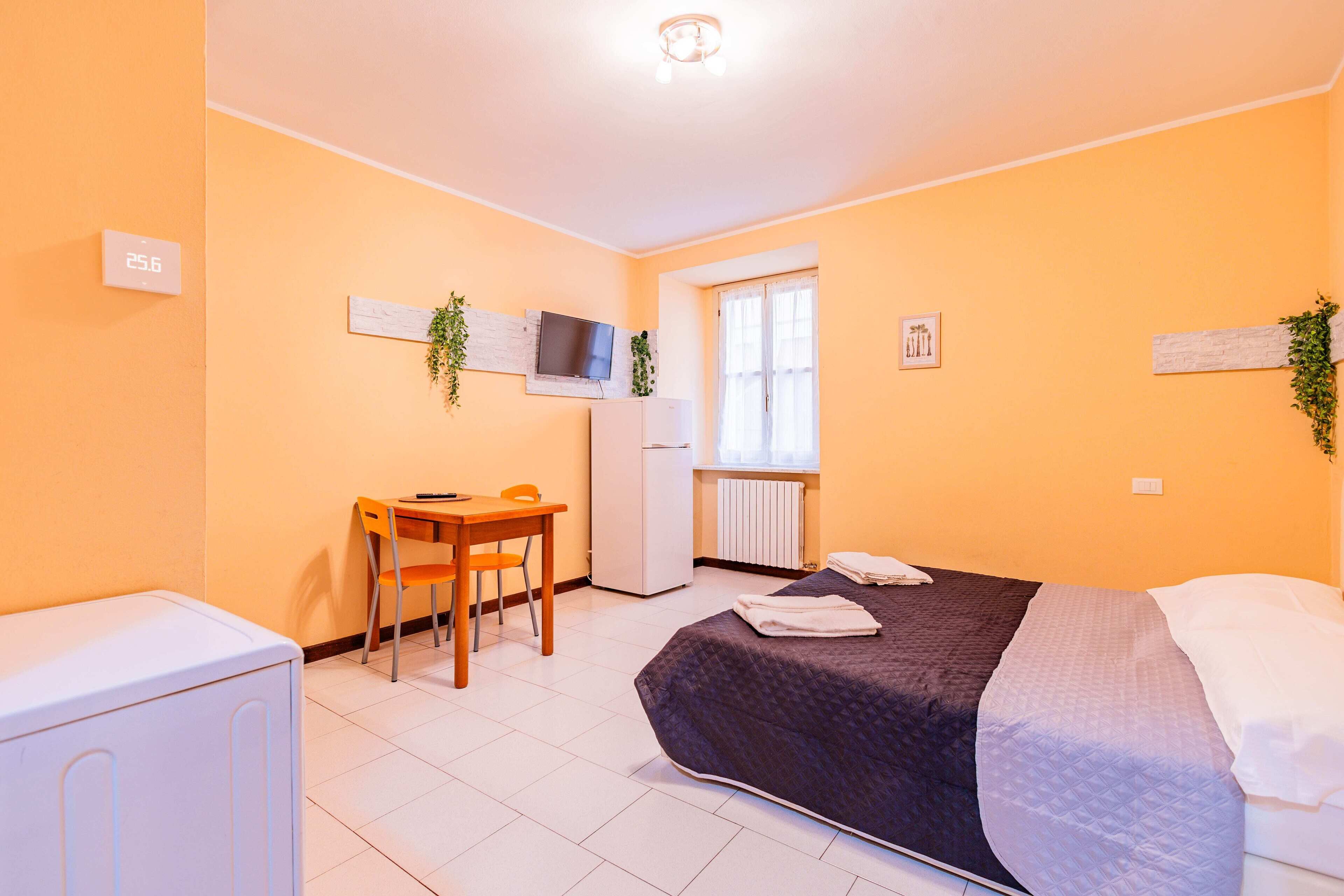 Un dormitorio con cama, escritorio, silla, televisión y radiador.