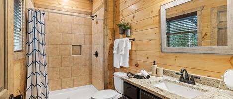Baño de cabaña de madera con ducha, inodoro, lavabo y un espejo grande.