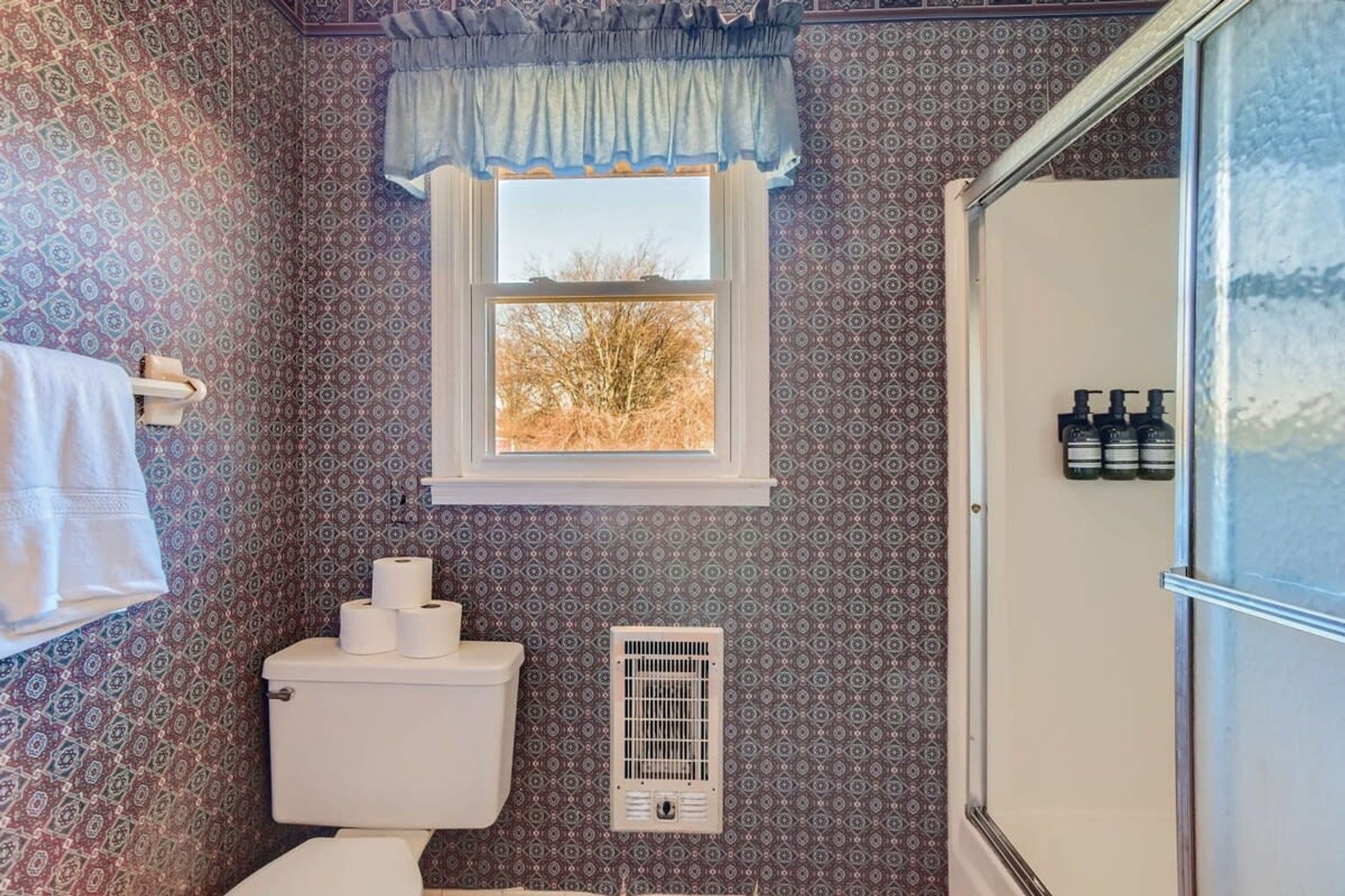 A bathroom with patterned wallpaper, a window with a view, a toilet, and a shower area.
