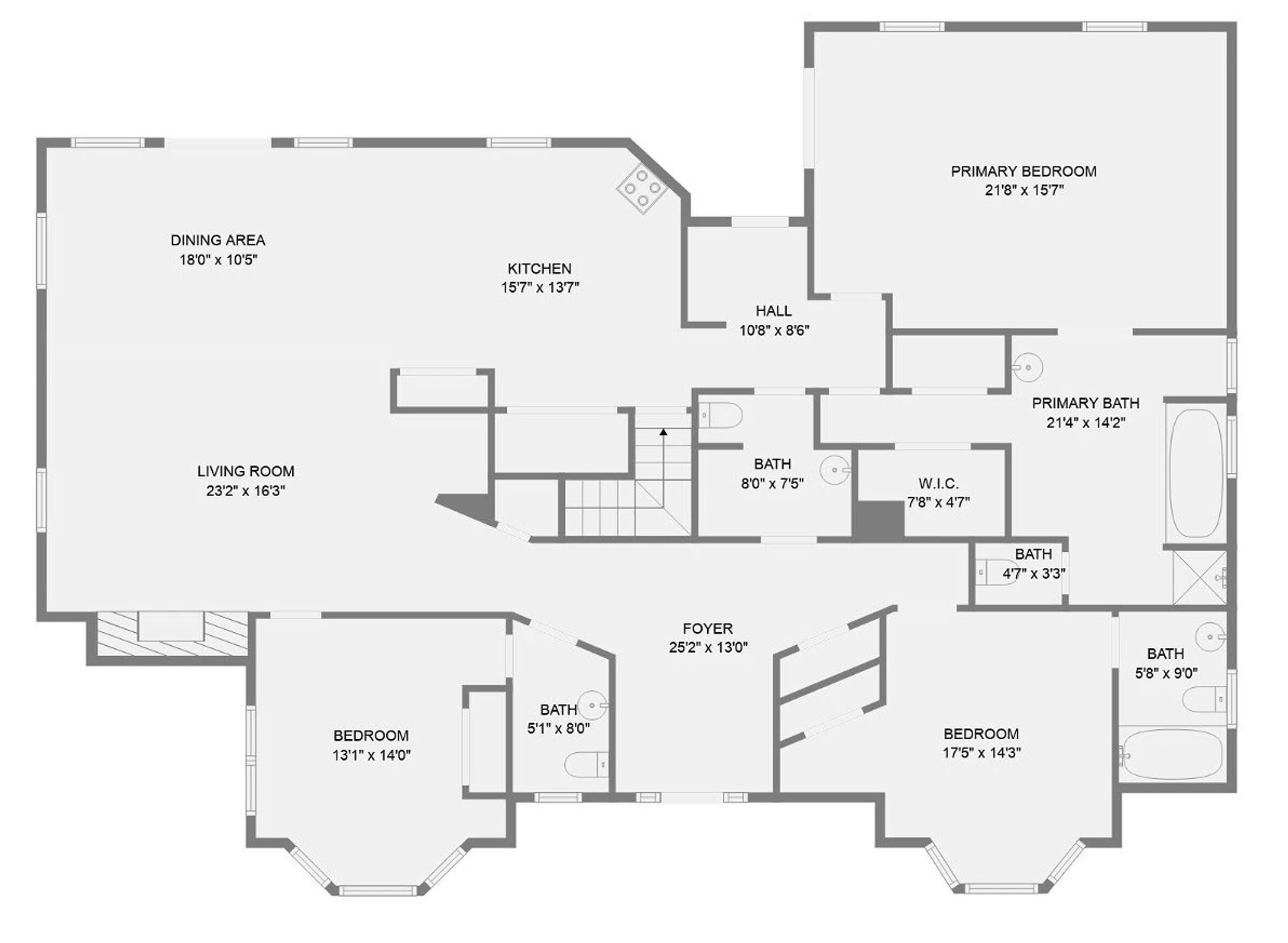 Een plattegrond met een eetruimte, keuken, woonkamer, twee slaapkamers, een hal, een hoofdslaapkamer, een hoofdbadkamer, een gang en een inloopkast.
