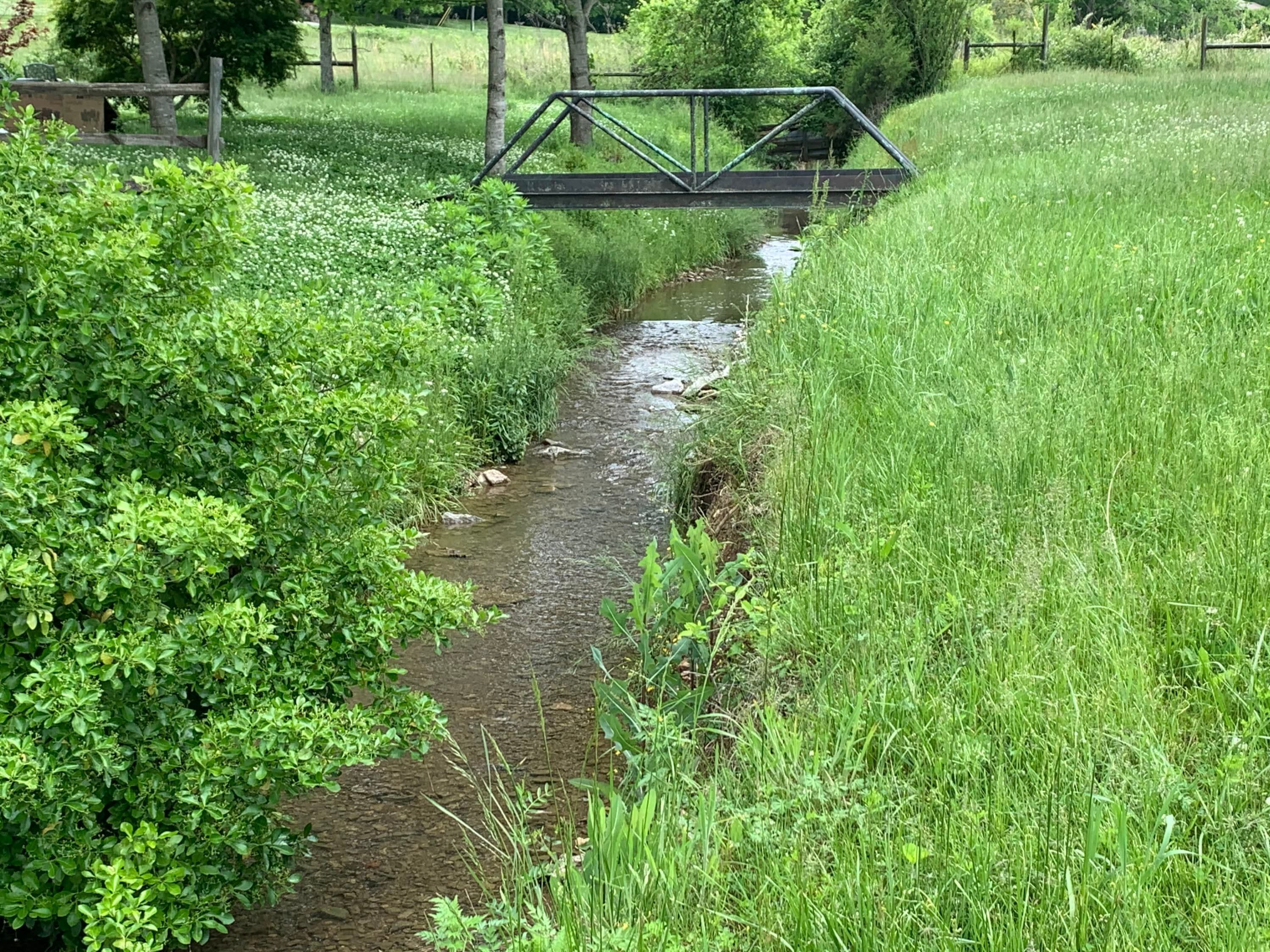 A narrow stream with a metal bridge overhead.