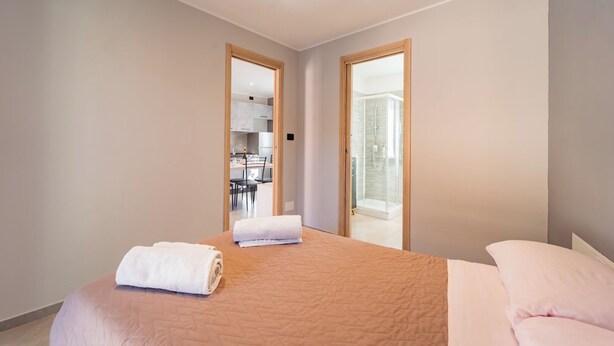 Une chambre avec un lit, une salle de bain et un coin cuisine.