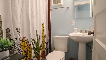 Hair dryer, towels, soap, shampoo