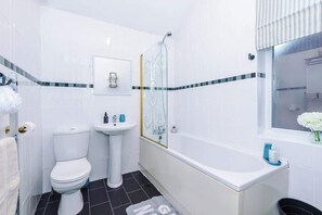 Shower, hair dryer, shampoo