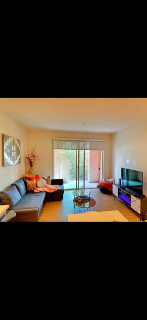 Smart TV, fireplace, books, printers
