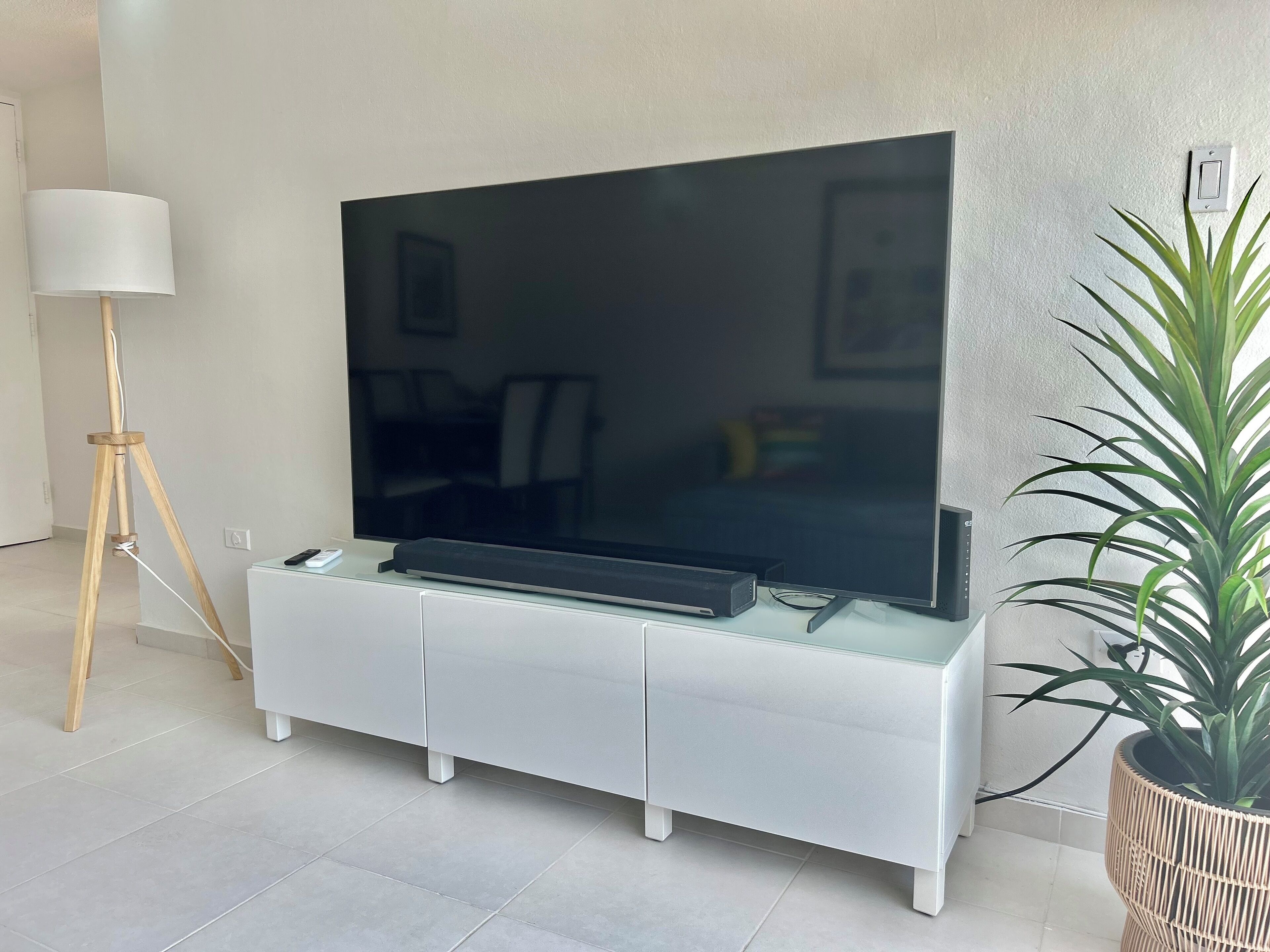 A modern living room with a flat-screen TV on a white entertainment unit, a floor lamp, and a potted plant.
