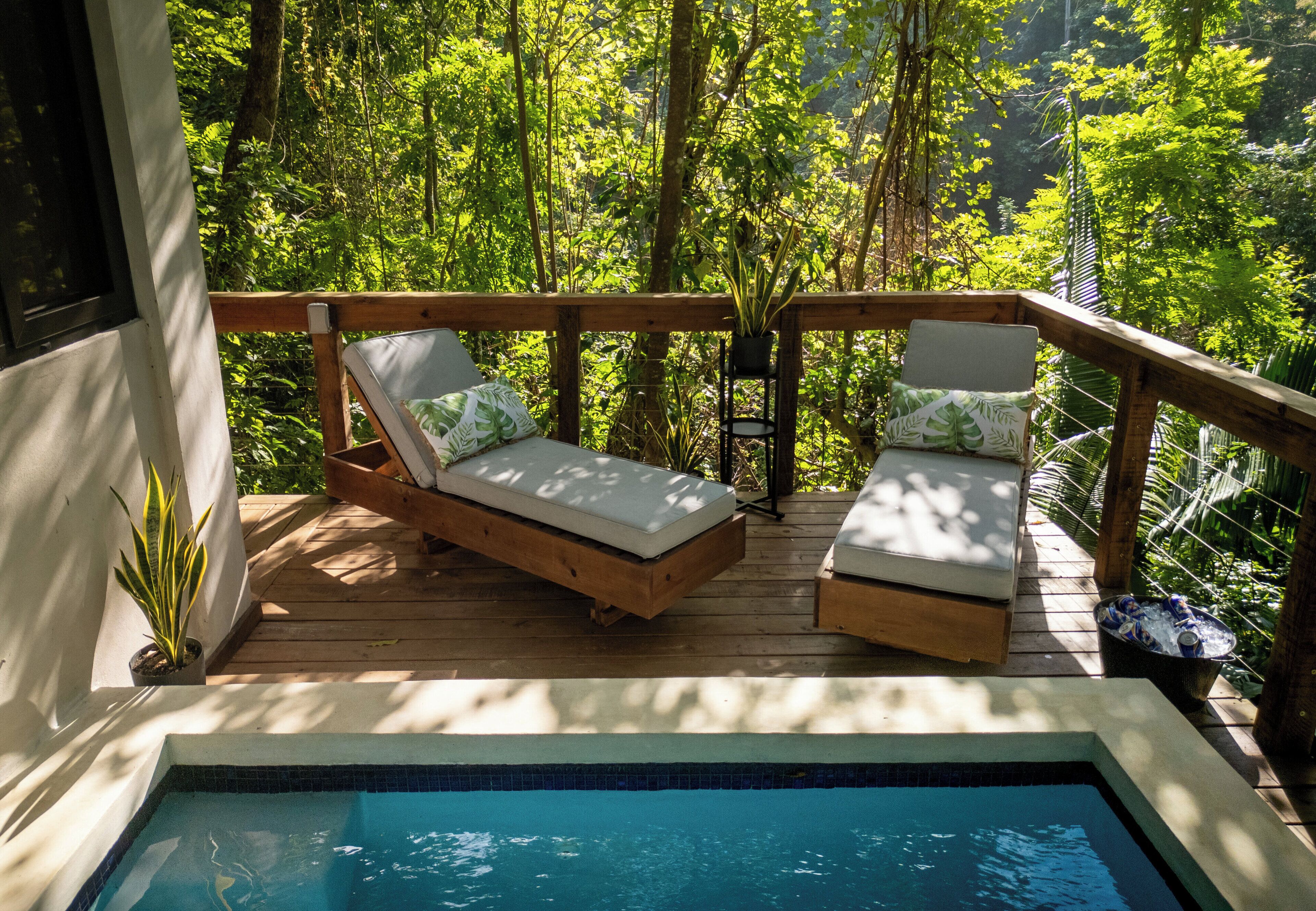 Piscine extérieure, chaises longues