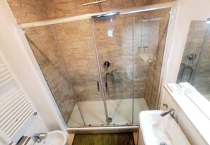 Shower, hair dryer, bidet, towels