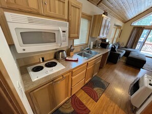 Fridge, microwave, coffee/tea maker, toaster