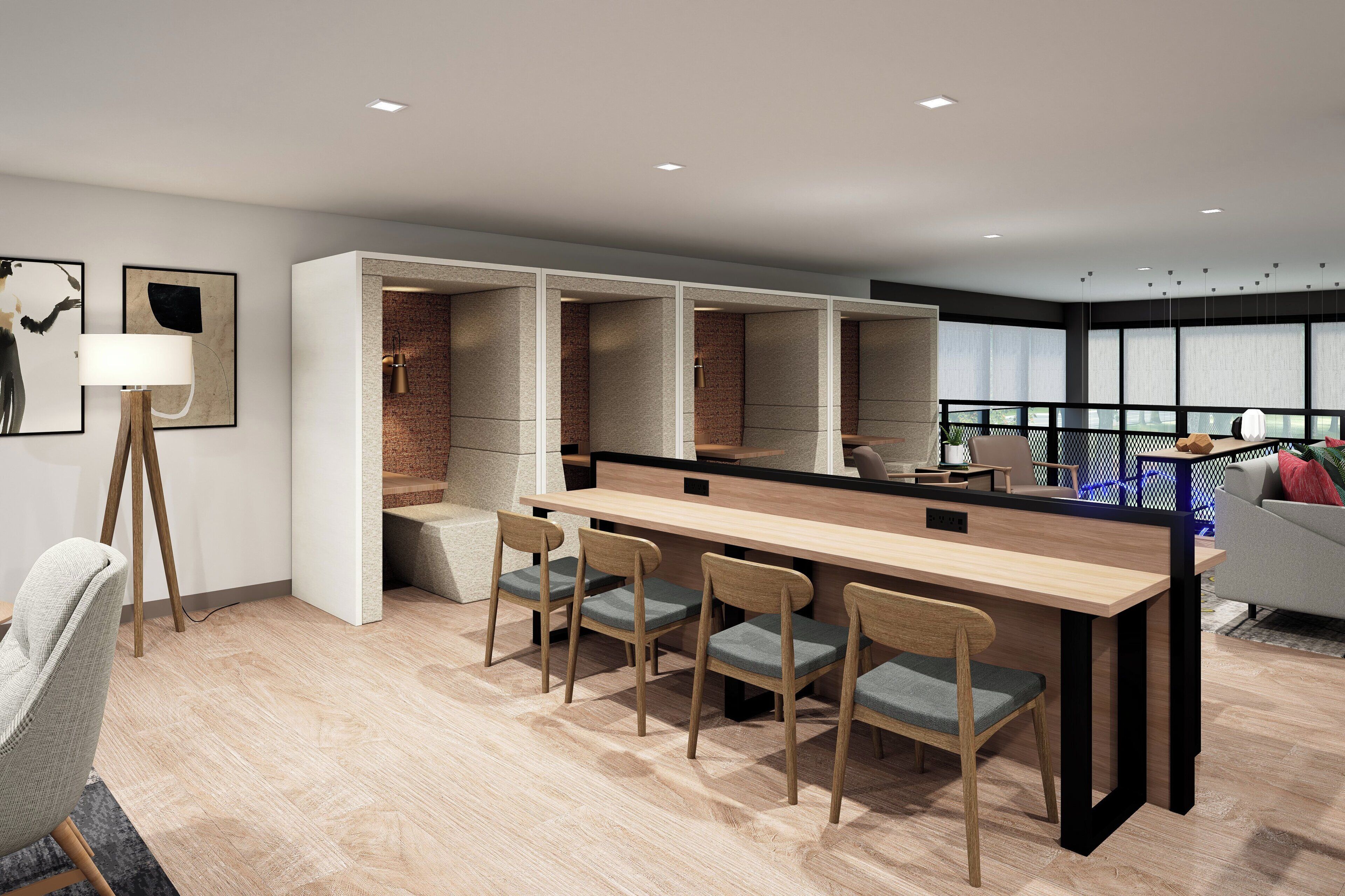 A modern kitchen with a central island, bar stools, and a dining area.