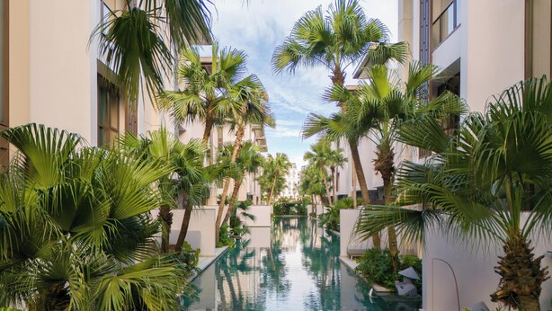 Une piscine entourée de palmiers et de bâtiments modernes.