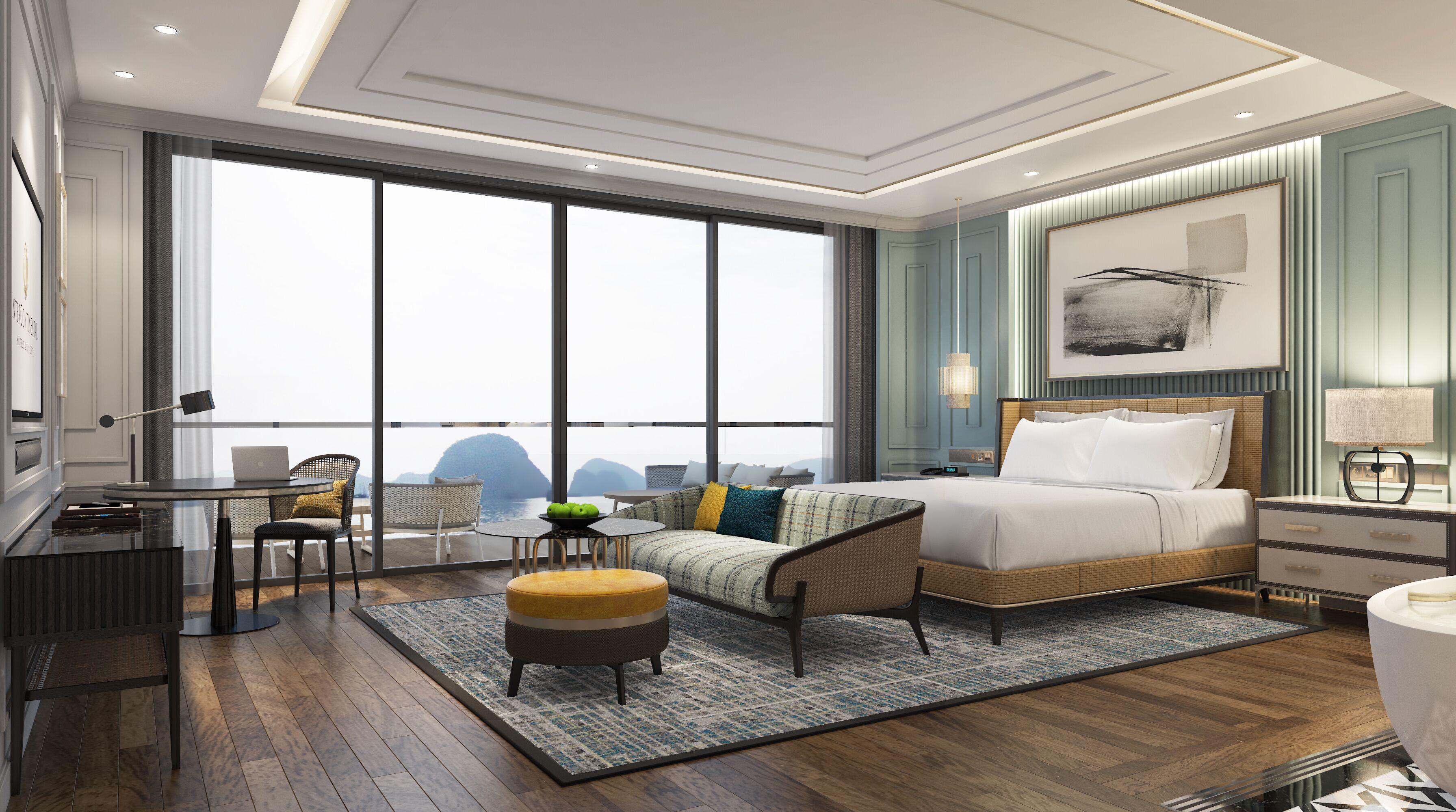 A modern hotel room with a large window, a bed, a desk, and a chair.