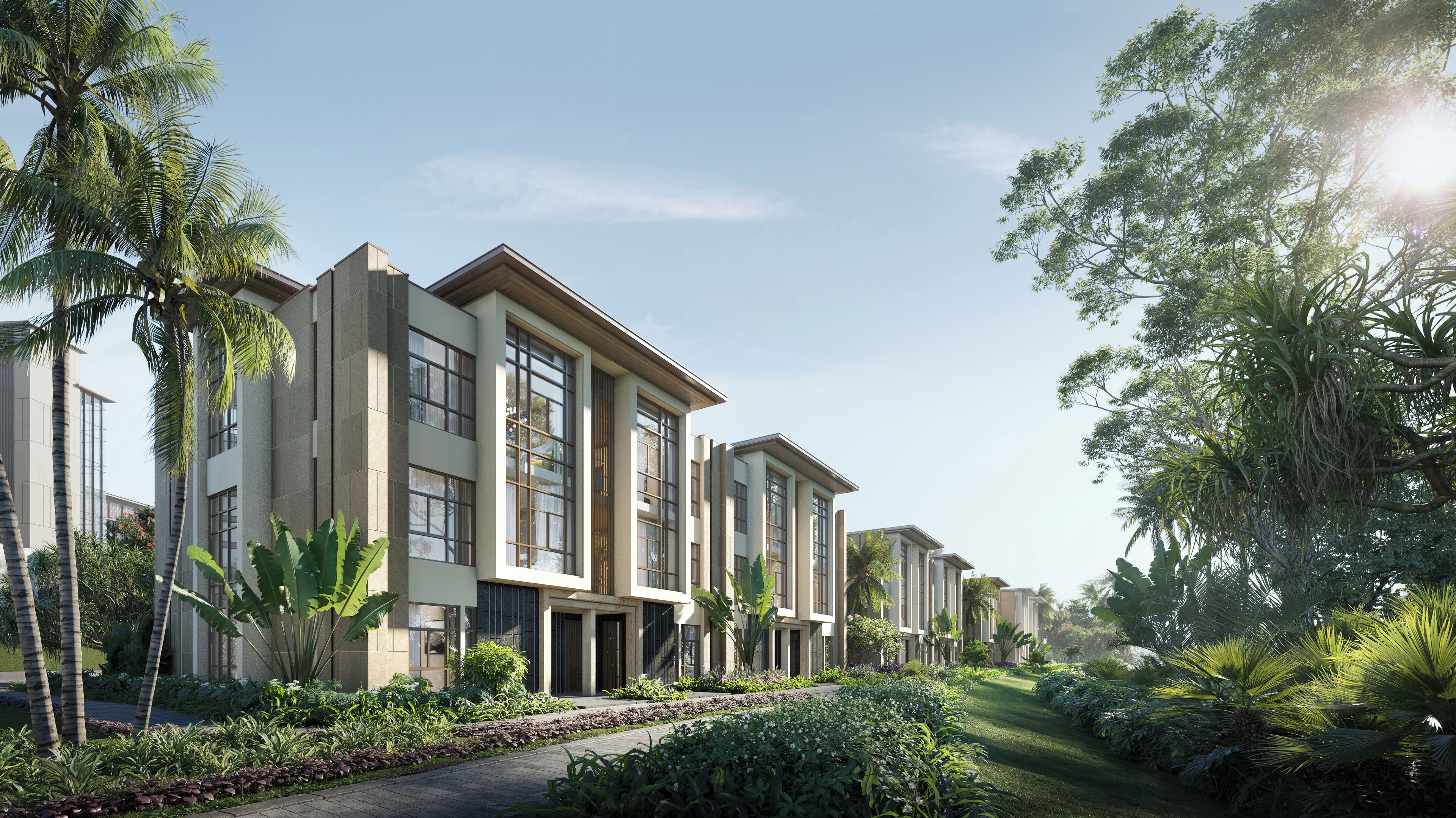 A modern multi-story residential building with large windows and a well-maintained garden.