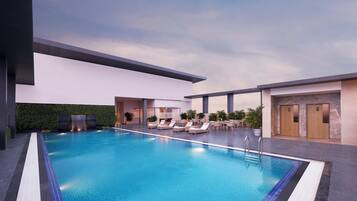 Outdoor pool, pool umbrellas, pool loungers