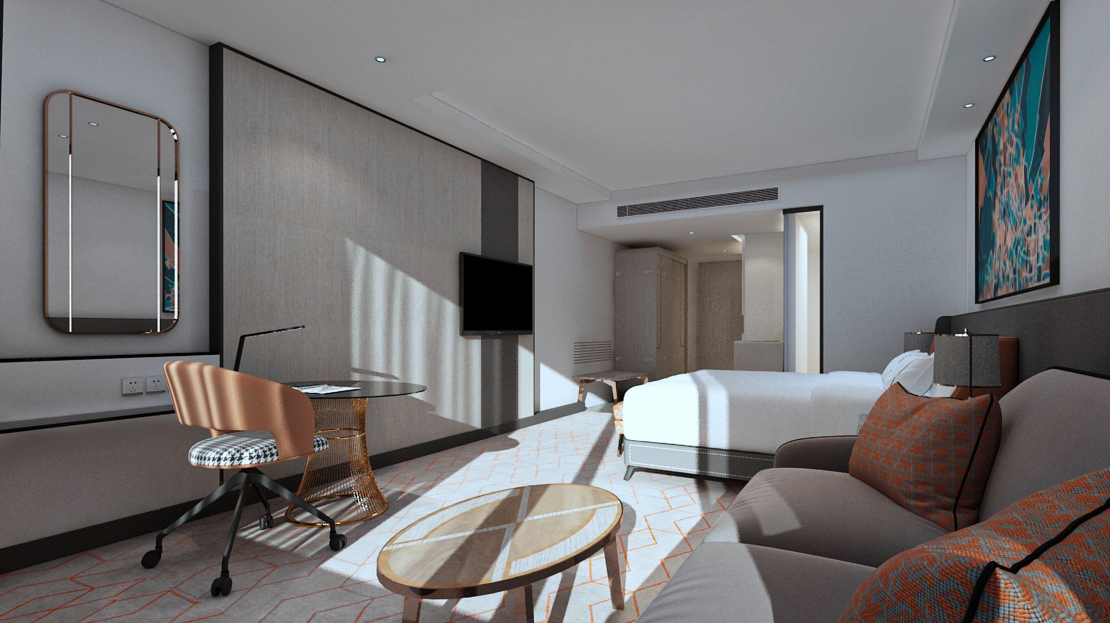 A modern hotel room with a bed, a sofa, a desk, and a chair.