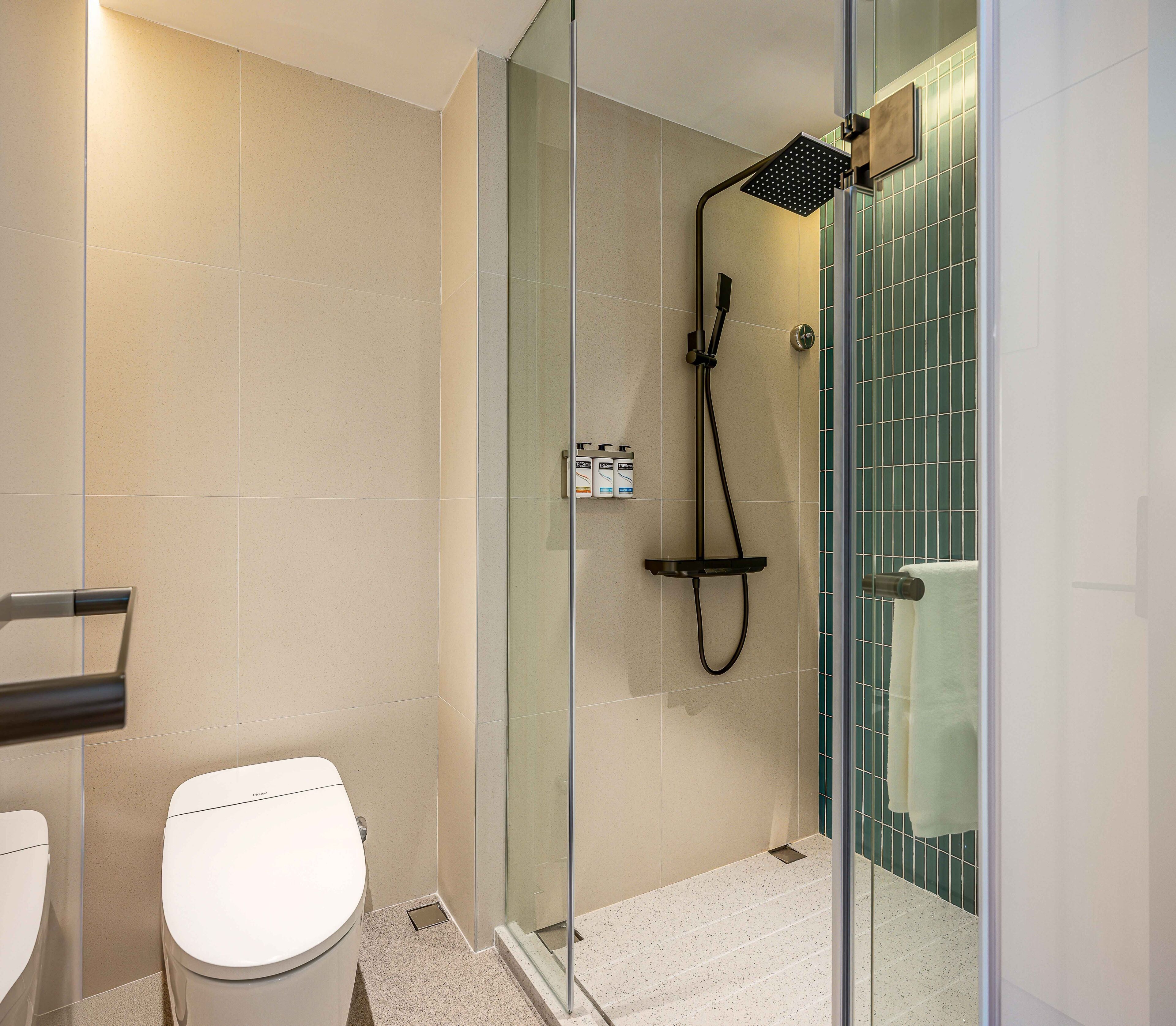 A modern bathroom with a glass shower enclosure, a toilet, and a sink.
